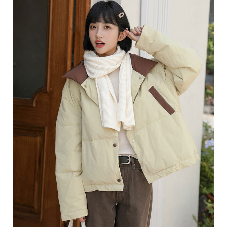 Actual Shot Of Winter Korean Style Color-blocked Student Lapel Cotton Coat For Women,Loose And Thickened Cotton Coat For Small People