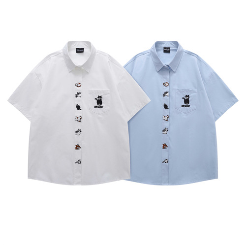 Fun and Cute Small Cat Embroidery Short-Sleeve Shirt for Men and Women, Japanese Style Summer Loose Casual Matchmaking Couple's Top
