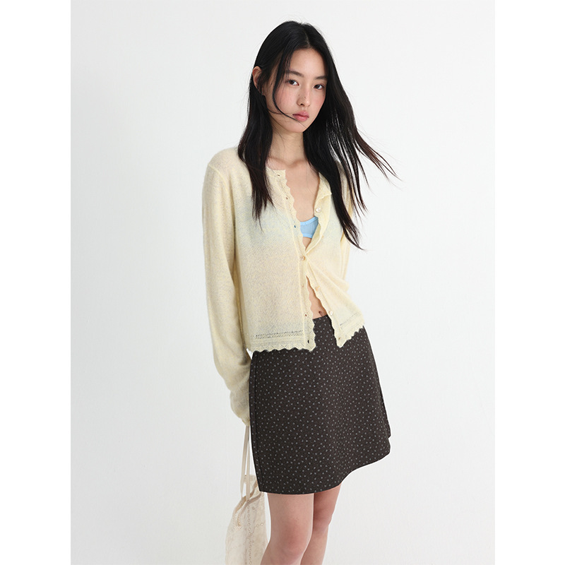 Yifu Early Spring Lace Gentle Age-Reducing Knitted Sweater Fluffy Soft Wool Blend Round Neck Cardigan 1173