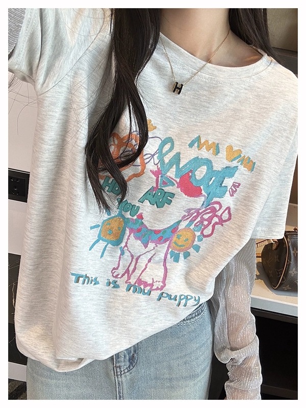 ストリート神Tシャツ～！ファッショナブルな偽ツーピースブライトシルクTシャツ女性の夏の落書きルーズラウンドネック日焼け止め長袖トップ|undefined