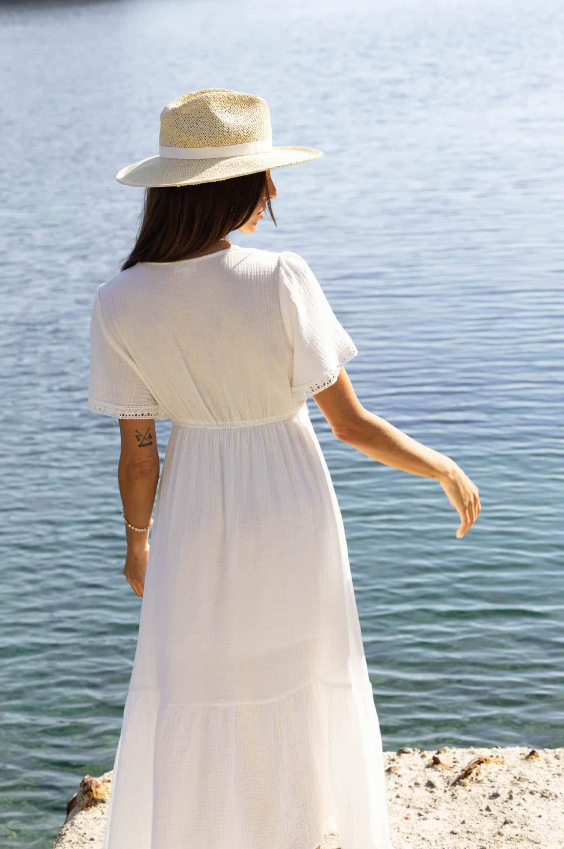Damen Strandkleid Mit V-ausschnitt Kurzem Ärmel Und Schlitz Lang_voghion.com