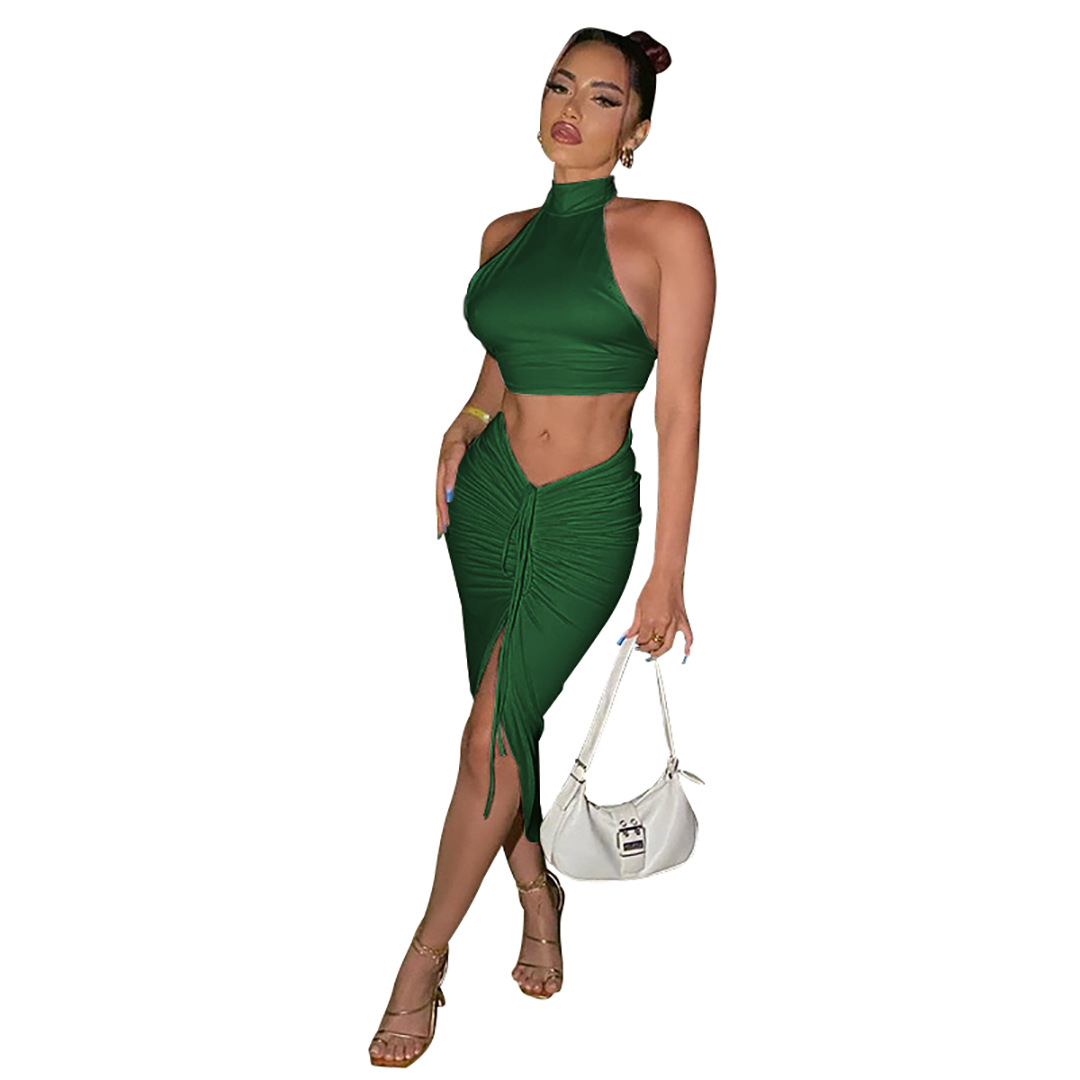 Summer Women Clothing Solid Color round Neck Cropped Backless Top Drawstring Mid Length Dress Set