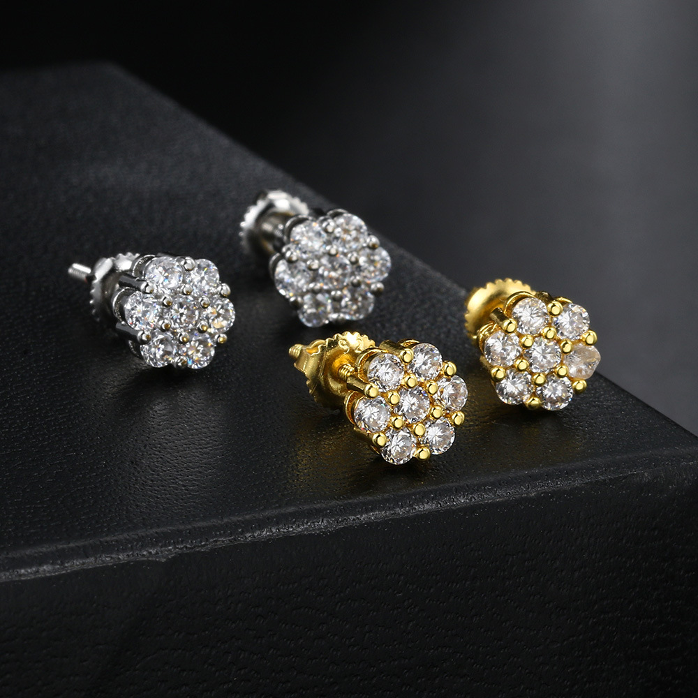 White Gold Plated, Gold Plated Plating Material 1 Pair Hip-Hop Flower Plating Inlay Copper Zircon White Gold Plated Gold Plated Ear Studs