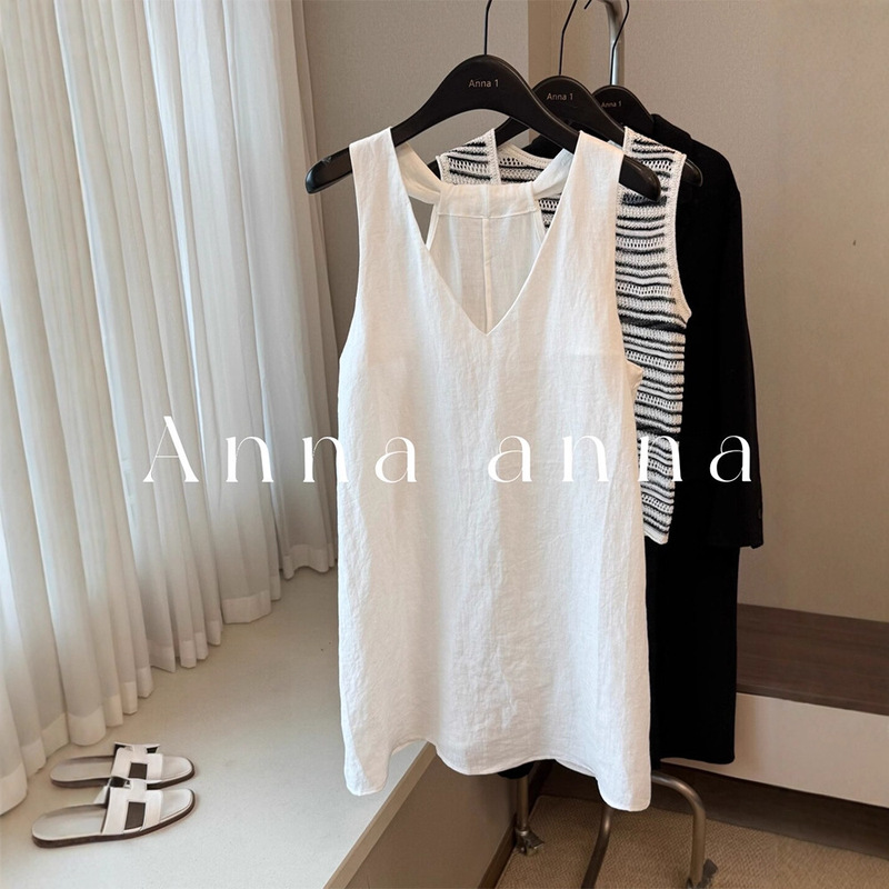 2651 # Fashionable Backless Unique and Beautiful ~ Linen White Camisole Dress for Women with V-Neck Outer Wear Dress 2651 # Fashionable Backless Unique and Beautiful ~ Linen White Camisole Dress for Women with V-Neck Outer Wear Dress