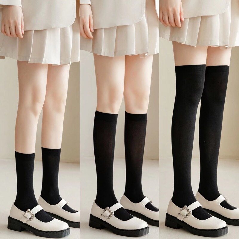 Japanese Style Basic Black and White Jk Girls Mid-Calf Socks Spring, Summer and Autumn Thin Velvet Small Leather Shoes over the Knee and Calf