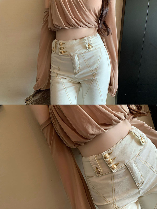 CHICYOU 自留 显身材金扣明线弹力裤紧身百搭休闲喇叭牛仔裤女|undefined