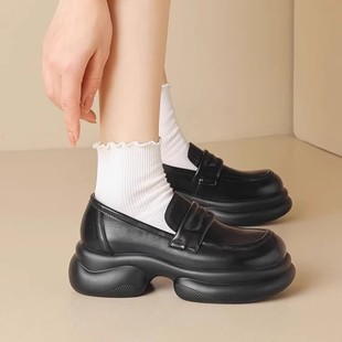 Genuine Leather Thick Sole Shoes Women's 2025 Spring and Autumn New British Style All-match Chunky Heel Loafers Casual Shoes Single-layer Shoes