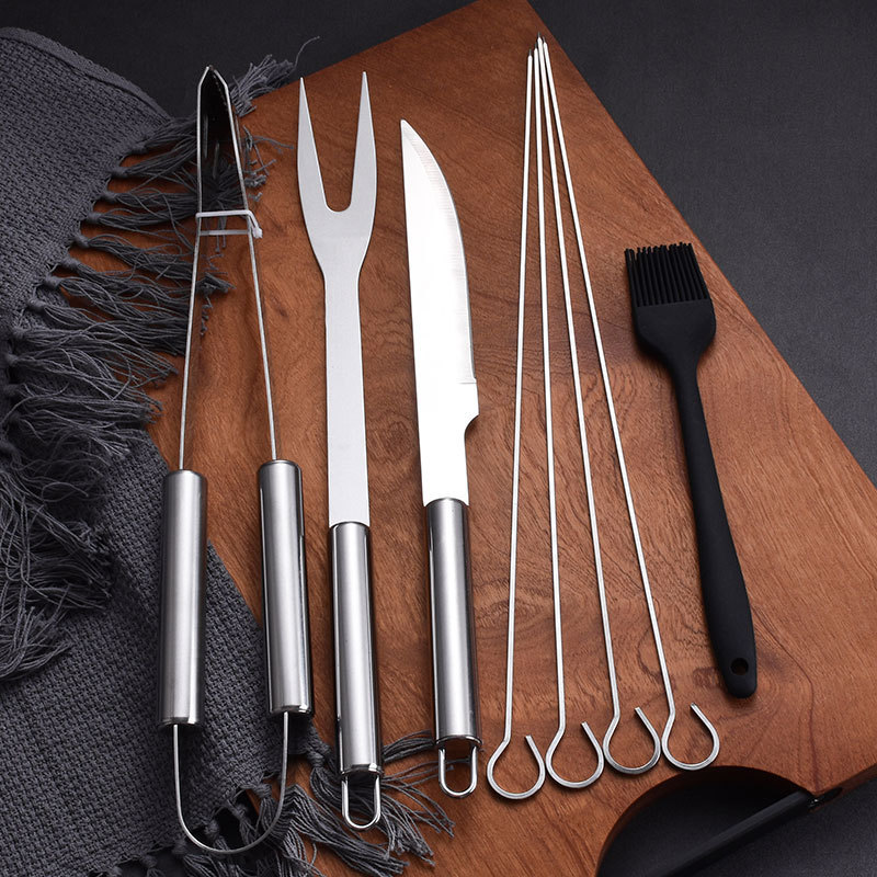 Fábrica directa de acero inoxidable BBQ set 9 piezas fuera del hogar conveniente bolsa de tela portátil herramienta de barbacoa