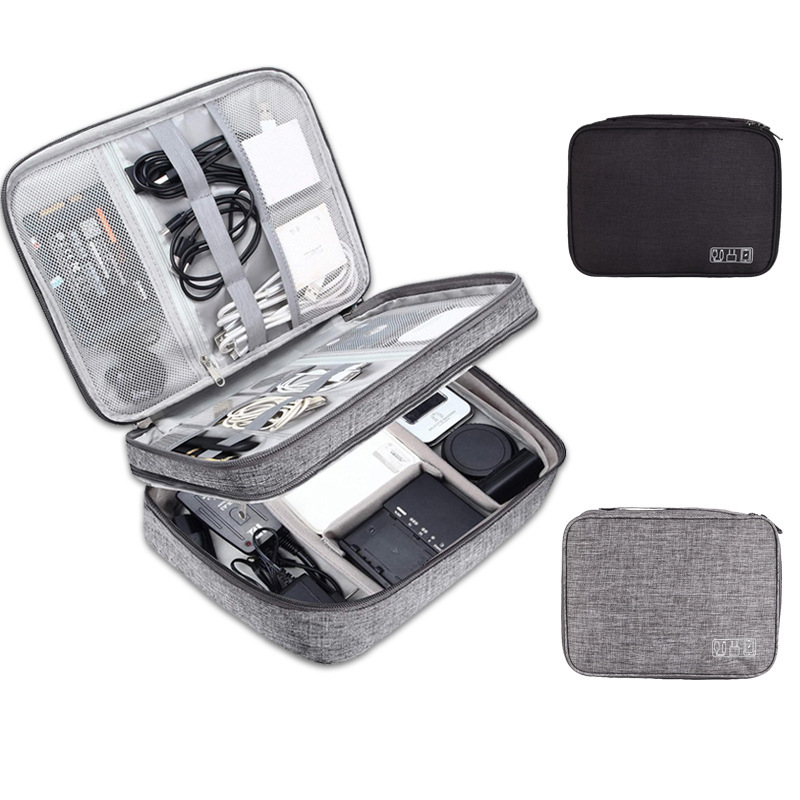 Three-Layer Data Cable Storage Bag, Multi-Functional Waterproof Oxford Cloth Travel Portable Earphone Data Cable Storage and Organization Bag