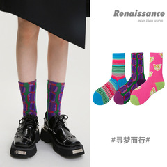 文藝復興原創女襪彩虹條紋中筒襪女精梳棉ins個性潮牌新款襪子女
