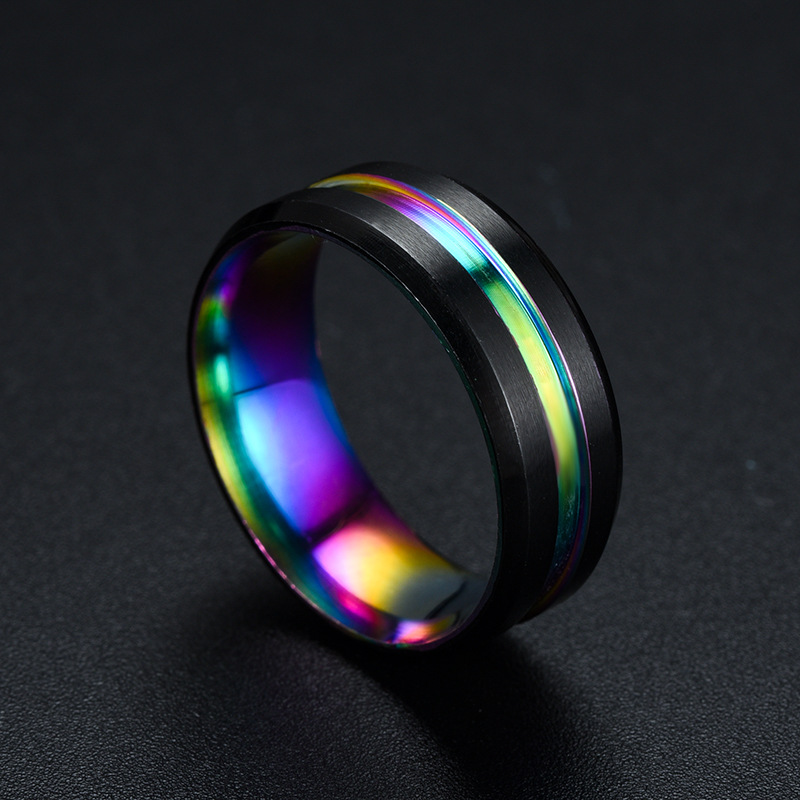 New Simple Titanium Steel Beveled Edge Slotted Color Ring Wholesale Nihaojewelry display picture 7