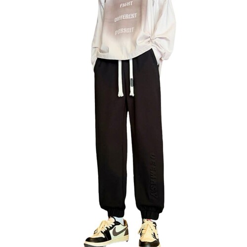 Steel-stamped letter-printed ankle-banded sweatpants for men—autumn/winter loose-fitting, wide-leg casual pants; pineapple-patterned sports pants in Japanese style.