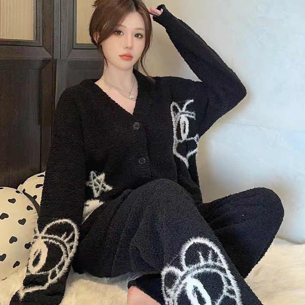 韩版简约高级感黑色半边绒睡衣女秋冬季保暖软糯小红书推荐家居服