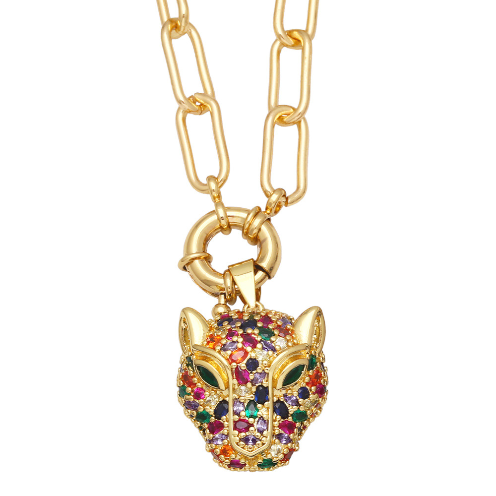 Hip Hop Copper 18K Gold-plated Inlaid Color Zircon Leopard Head Pendant Necklace