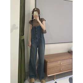 韩系牛仔背带裤女小众设计感2026春夏高腰连体宽松直筒显瘦连身裤