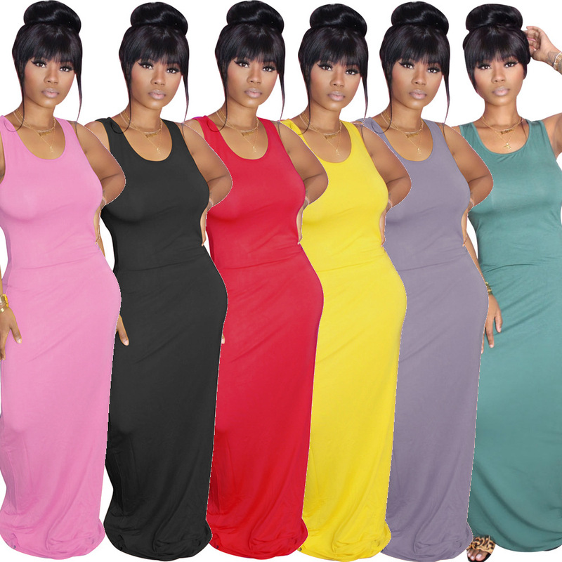 H124 European and American Sexy Women's Clothing Self-Built Website Amazon Supply Summer Solid Color Short-Sleeve Floor-Length Slim-Fit Long Dress