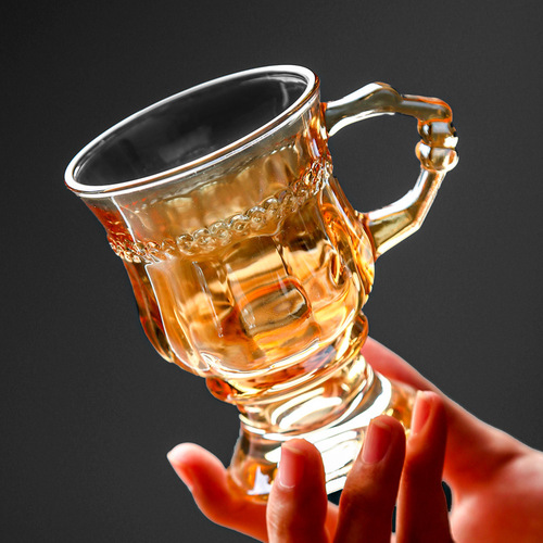 Ins retro European style water cup tea cup home milk tea cup amber glass cup with handle wine cup coffee cup