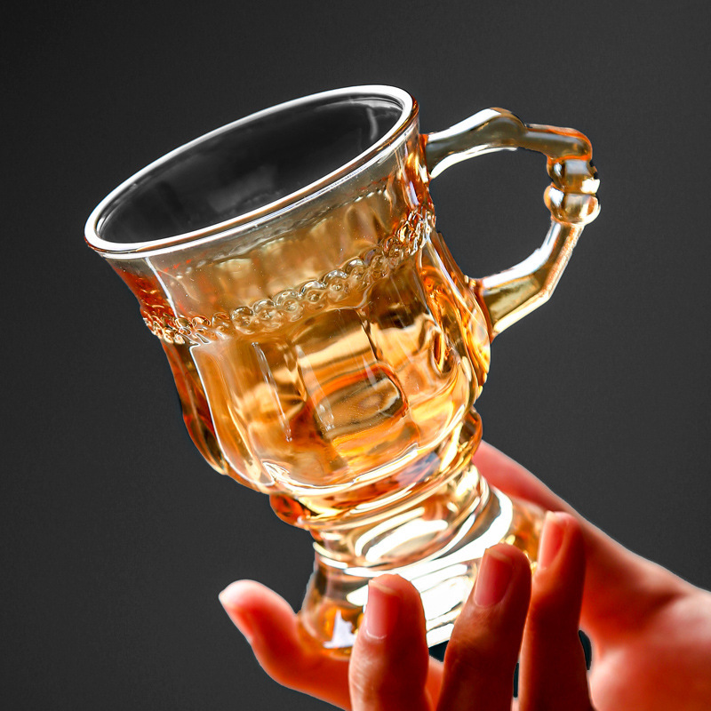 Ins Retro European Style Water Cup Tea Cup Household Milk Tea Cup Amber Glass with Handle Wine Cup Coffee Cup Ins Retro European Style Water Cup Tea Cup Household Milk Tea Cup Amber Glass with Handle Wine Cup Coffee Cup