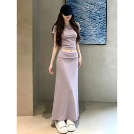 夏日减龄漂亮一整套穿搭女紫色露脐紧身短袖上衣包臀长裙两件套装