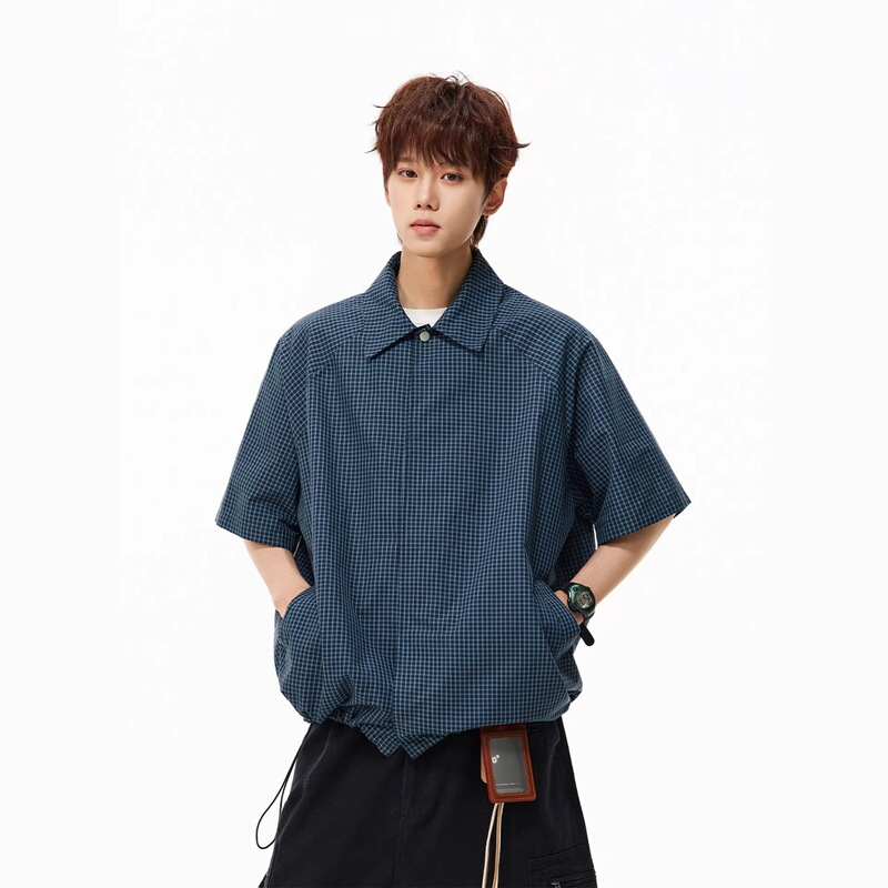Miu Blue Plaid Pleated Short-Sleeved Shirt for Men and Women, Summer Trendy Cityboy Loose and Lazy Casual T-Shirt Jacket