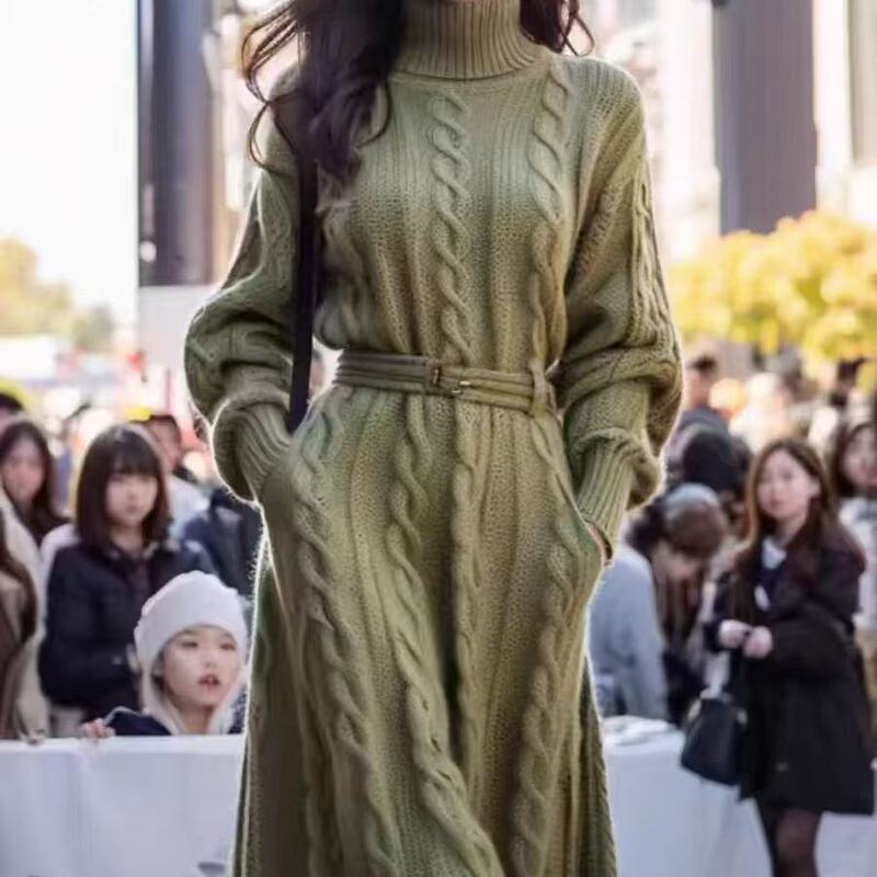 气质名媛超好看高领绞花针织连衣裙女轻奢高级感毛衣打底长裙冬季|undefined
