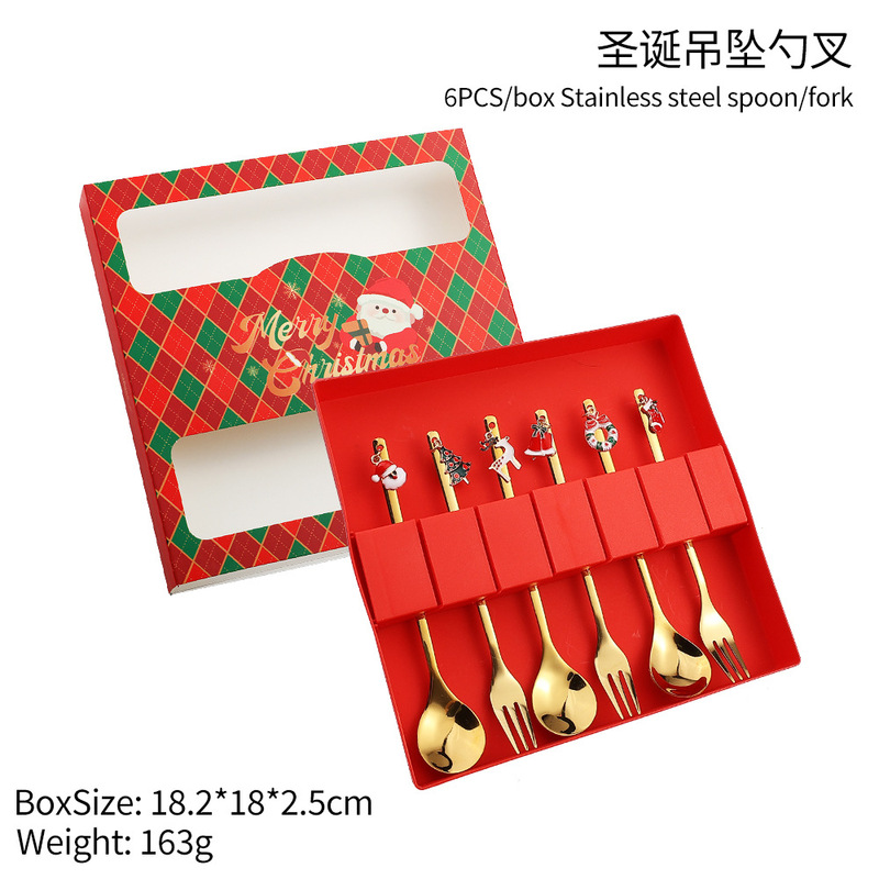 Qクリスマススプーンゴールデンペンダントスプーンクリスマスプレゼントグッズクリスマス帽子ギフト六本入スプーン食器ギフトボックス|undefined