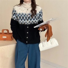 复古撞色提花毛衣外套韩系女装秋冬女士慵懒宽松软糯针织开衫上衣