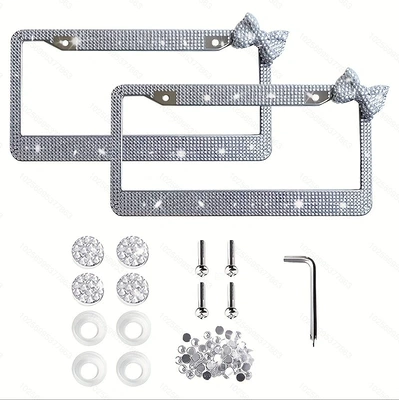 License plate holder/license plate holder diamond-embellished bow-shaped license plate frame - white-white-bow-two-piece-set