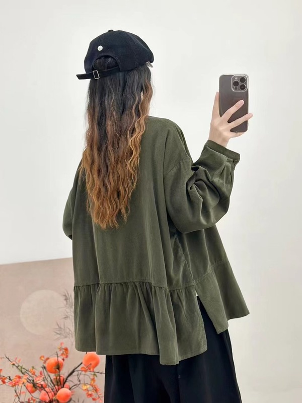 古咖服饰秋季新复古灯芯绒外套女立领单排扣拼接长袖宽松外搭上衣|undefined