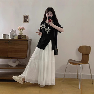 plus size chubby girl Fashion suit Stylish Loose Slimming Top with Pleated Chiffon Skirt for Women