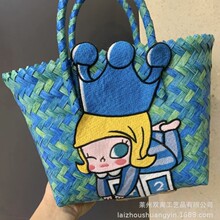 大容量蓝色皇冠茉莉编织包菜篮子女士手提包饭盒包通勤包菱格设计