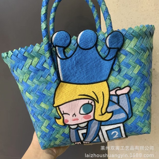 大容量蓝色皇冠茉莉编织包菜篮子女士手提包饭盒包通勤包菱格设计