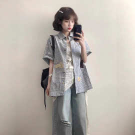 日系复古毛巾绣格子衬衫女夏季新款小个子休闲百搭防晒衬衣外套潮