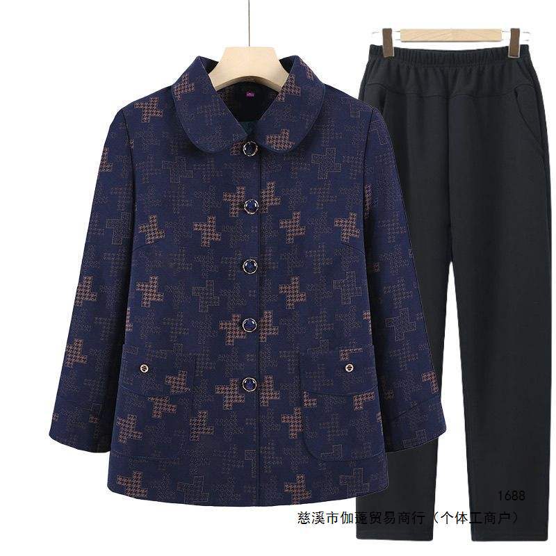中老年人奶奶春秋外套新款老太太60老人上衣妈妈翻领衣服红色上衣