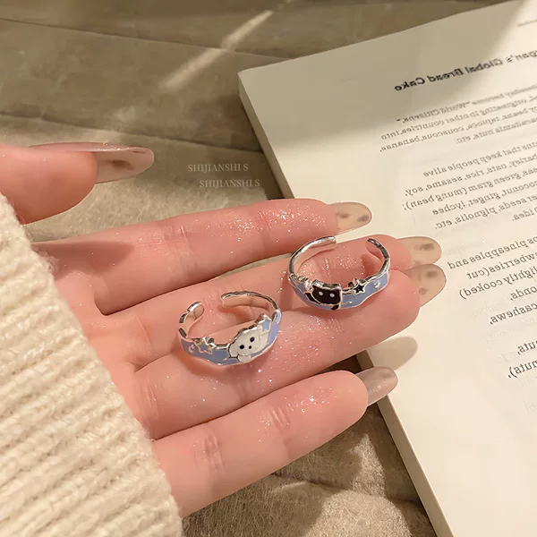 「Hoshino Womon」Lightly Sweet and Light Blue Healing Cute Pet Pair of Milk Rings, Cute and Creative Versatile Personalized Index Finger Rings