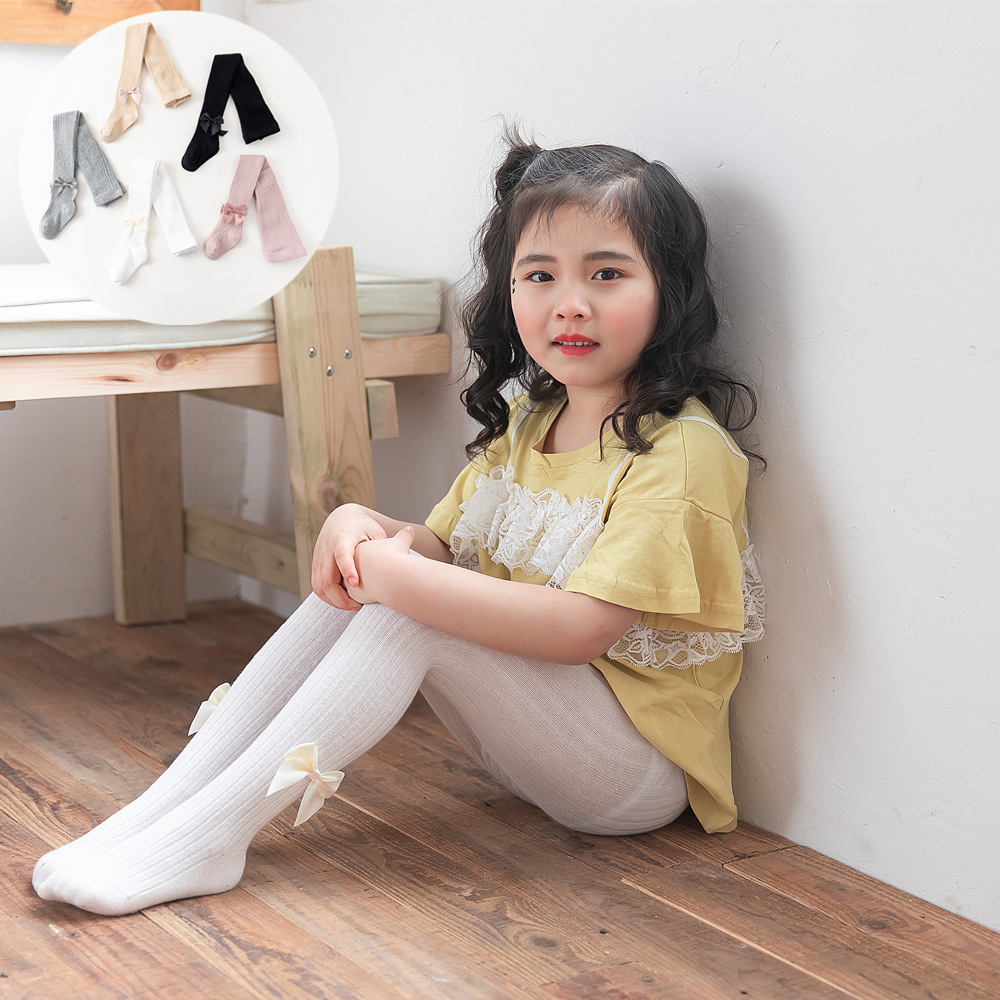 Combed Cotton Hand-stitched Leggings with Feet, Double-needle Vertical Stripes, Bow-knot Cotton Kidsren's Baby Pantyhose