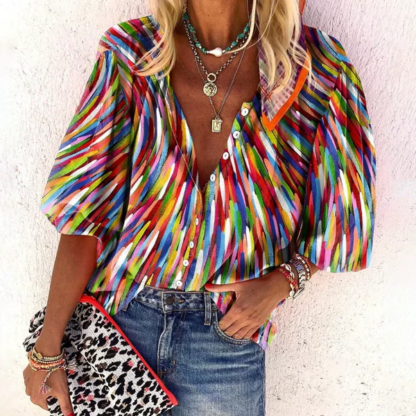 New 3D Floral Print Long-Sleeved Tops for Women, European and American Cross-Border Foreign Trade Women's Fashion V-Neck Shirts Factory