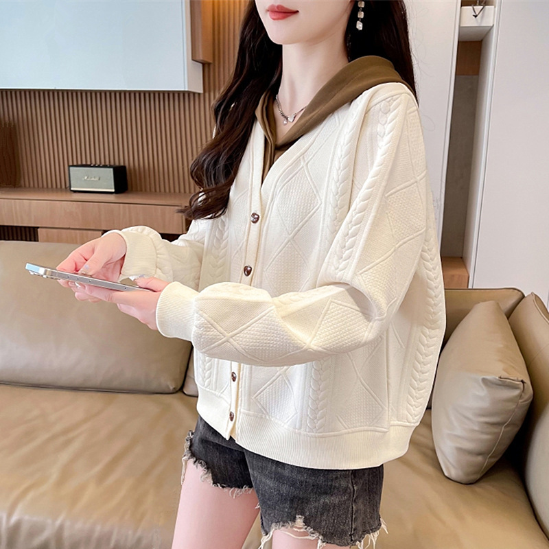 봄과 가을 새로운 부드러운 스타일 색상 매칭 자카드 스웨터 카디건 재킷 여성용 느슨한 캐주얼 가짜 투피스 후드탑