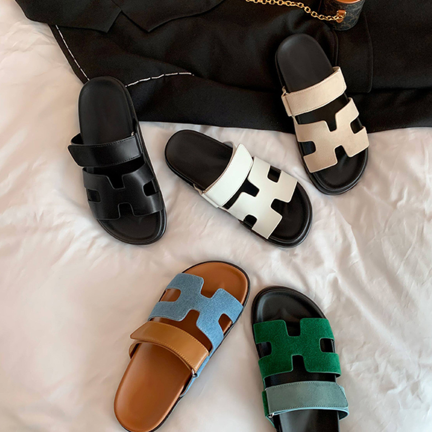 Summer Color-Blocked H-Style Lazy Slippers for Outdoor Wear, Casual Thick-Soled Trendy Velcro Open-Toe Sandals for Women