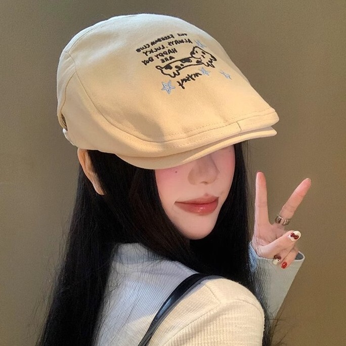 Japanese Puppy Embroidered Forward Cap Women's Spring and Summer New All-match Beret Student Niche Cap Painter Hat Japanese Puppy Embroidered Forward Cap Women's Spring and Summer New All-match Beret Student Niche Cap Painter Hat
