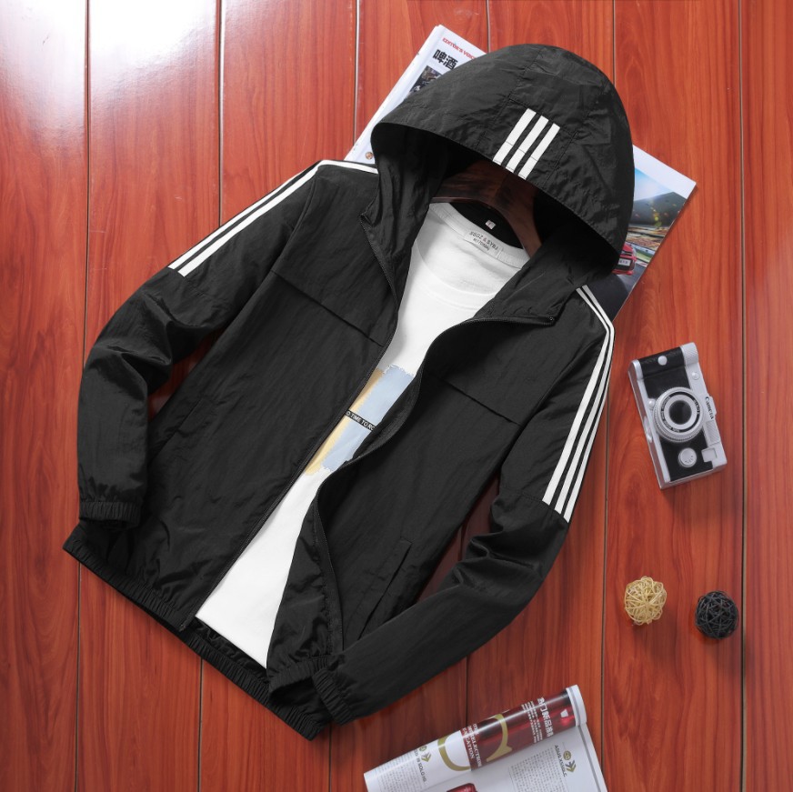 Summer Outdoor Sports Men's Casual Hooded Sunscreen Jacket Coat plus size Solid Color Three Bar Thin Jacket