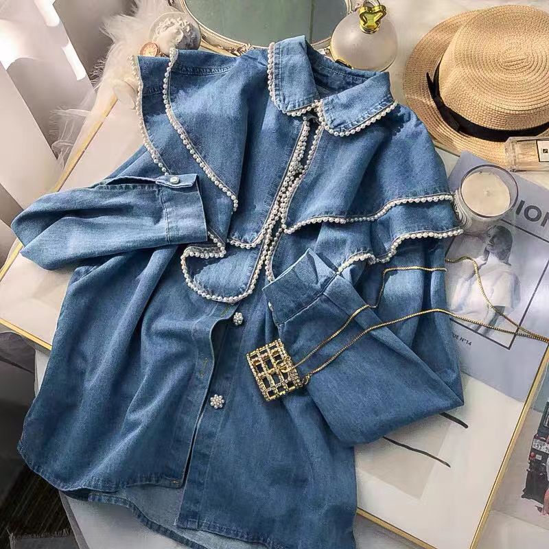 Export foreign trade French retro nail bead double-layer doll collar denim shirt long sleeved shirt for women 2023
