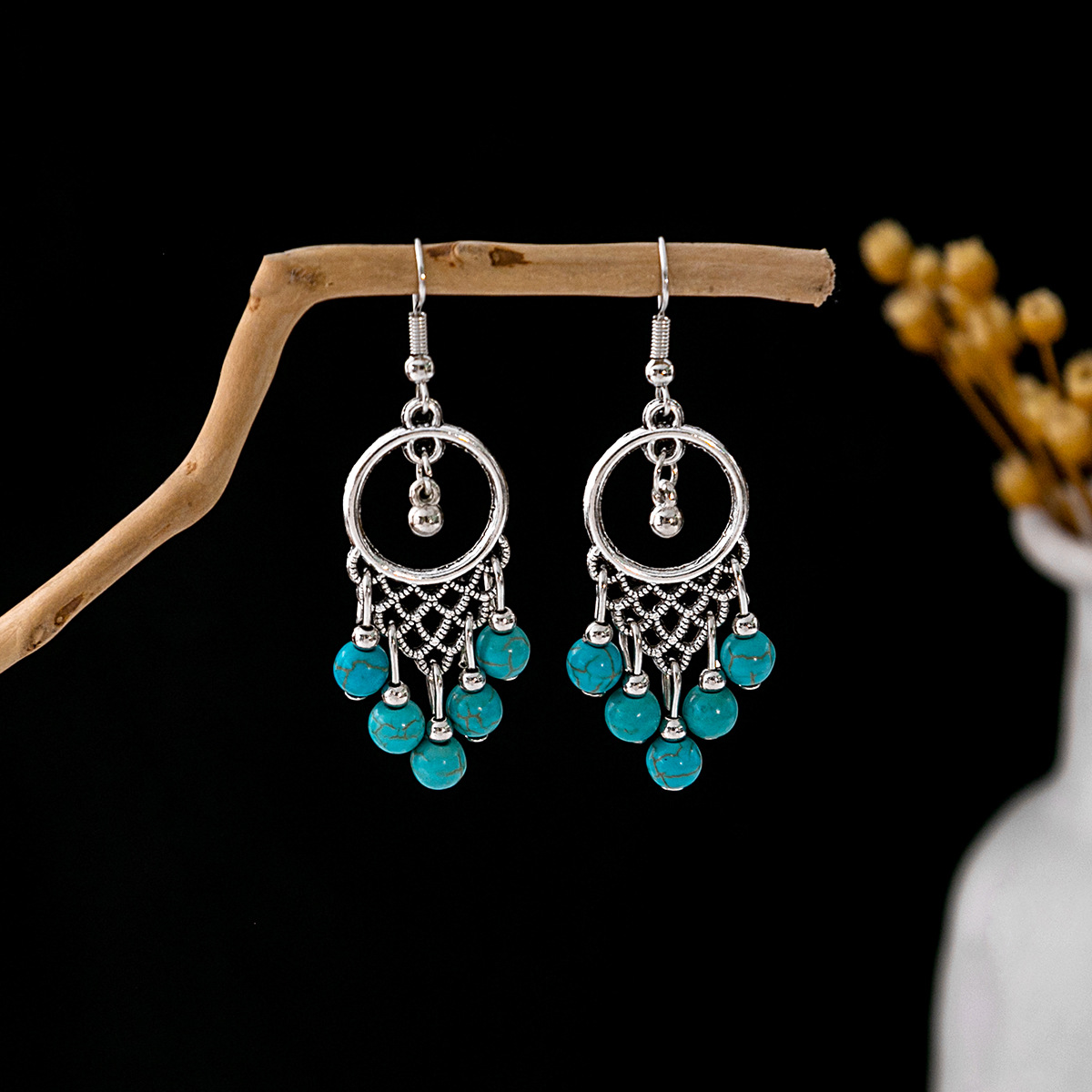 1 Pair Casual Retro Geometric Beaded Alloy Turquoise Drop Earrings display picture 28