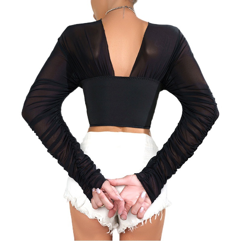 Top de Otoño e Invierno Europeo y Americano, Sexy, Ajustado a la Cintura, Adelgazante, con Malla de Espina de Pescado, Plisado, con Mangas de Diamantes, para Mujer, sin Varillas, Cómodo