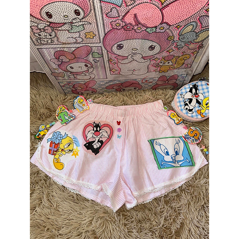Pink Lace Splicing Striped Pajamas for Women in Summer, Shorts for Going Out, Loose Walking, Large Size Home Pants Pink Lace Splicing Striped Pajamas for Women in Summer, Shorts for Going Out, Loose Walking, Large Size Home Pants
