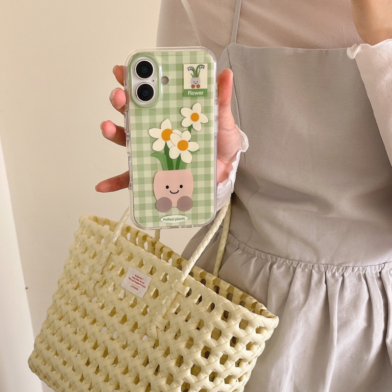 Flores en maceta de cuadros verdes de verano para Apple 16ProMax funda para teléfono móvil 15Pro pareja 14Pro personalidad 13