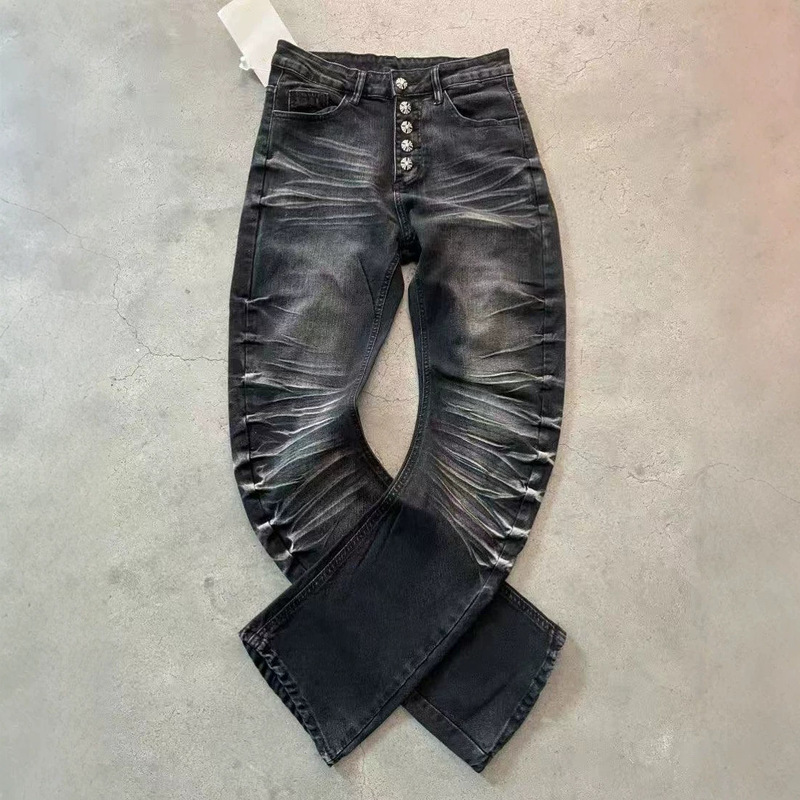 American high street retro vibe buttoned pleated curved denim jeans for men, straight-leg slim fit casual stacked pants, trendy brand