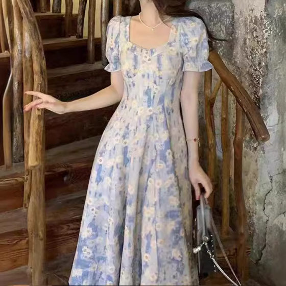 French Style Square Collar Blue Oil Painting Floral Dress Women's 2024 Summer Tight Waist Slimming Internet Popular First Love Long Dress
