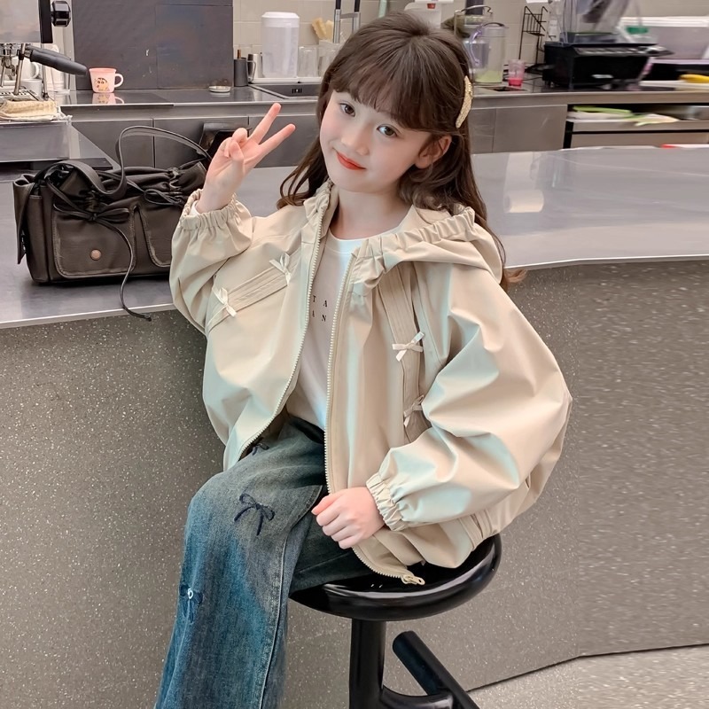 女童秋装外套2025新款儿童洋气女孩春秋季连帽蝴蝶结韩范夹克上衣|undefined