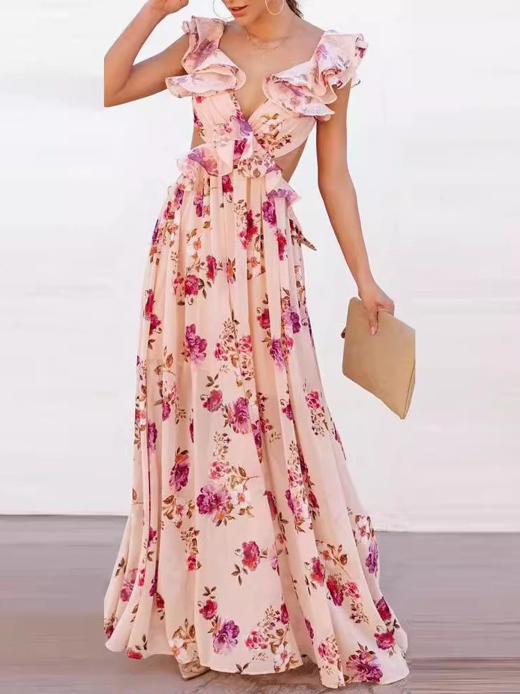 2025 Vestido de falda larga de verano sin espalda con diseño de hombros descubiertos y estampado de comercio exterior de nuevas mujeres transfronterizas europeas y americanas